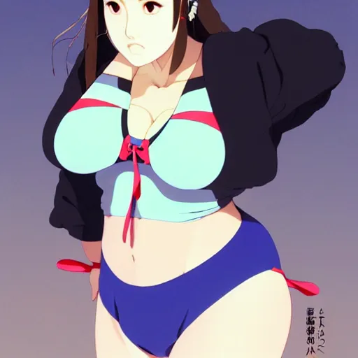 Image similar to a beautiful plus sized model japanese natalie portman, alluring plus sized model, wearing mayan leotard with elegant mayan apron overalls, street fashion hip hop style with mayan patterns, aztec street fashion, gapmoe yandere grimdark, trending on pixiv fanbox, painted by greg rutkowski makoto shinkai takashi takeuchi studio ghibli, akihiko yoshida