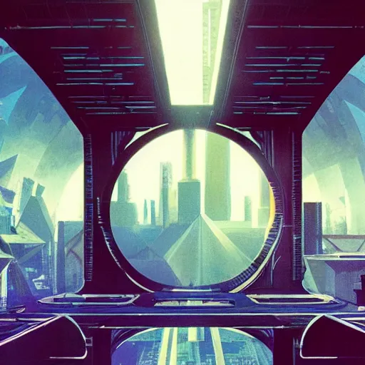 Image similar to overgrown futuristic cityscape located under a bridgeway, world seen only through a portal, daylight, cinematic perspective, cinematic lighting, blue sky, syd mead, john harris, symmetrical