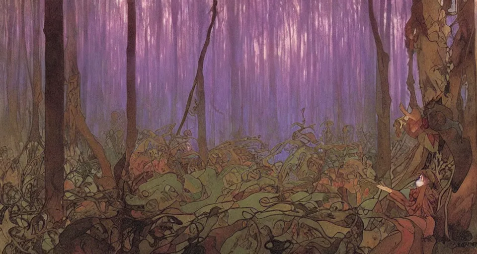 Prompt: A dense and dark enchanted forest with a swamp, by Alfons Maria Mucha