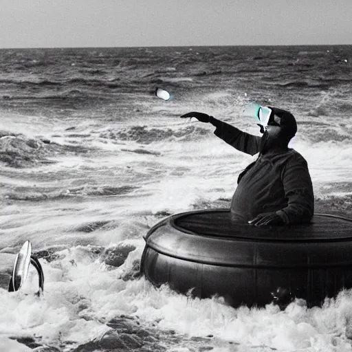 Prompt: A man desperately using his upturned brass tuba to remain afloat amongst the cold Atlantic sea, man floating on a tuba to blow bubbles into the ocean