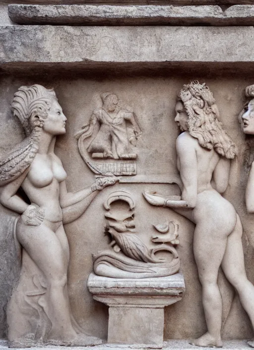 Prompt: photograph of a bas relief of demi rose and emilia clarke found in an ancient greek temple, by charlotte grimm, natural light, detailed face, canon eos c 3 0 0, ƒ 1. 8, 3 5 mm, 8 k, medium - format print, half body shot