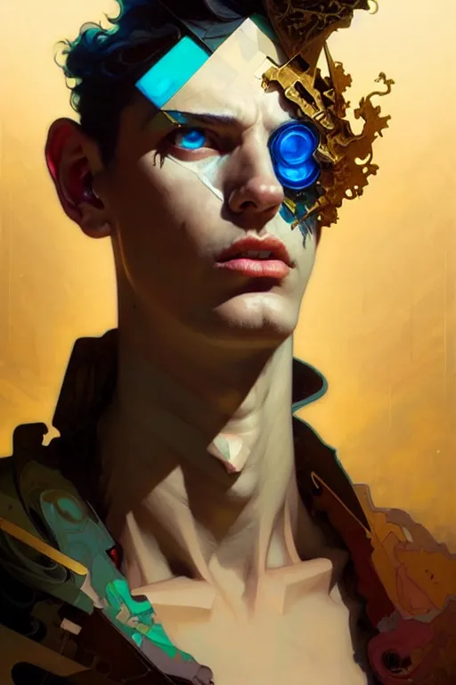 Image similar to portrait, patchwork boy, cyberpunk, elegant baroque, expressive, asymmetrical art, hyperrealism, colorful, vivid, imposing, epic, abstract texture, gold leaf texture, artstation, concept art, by peter mohrbacher and wlop and rhads and artgerm and magali villeneuve and alphonse mucha