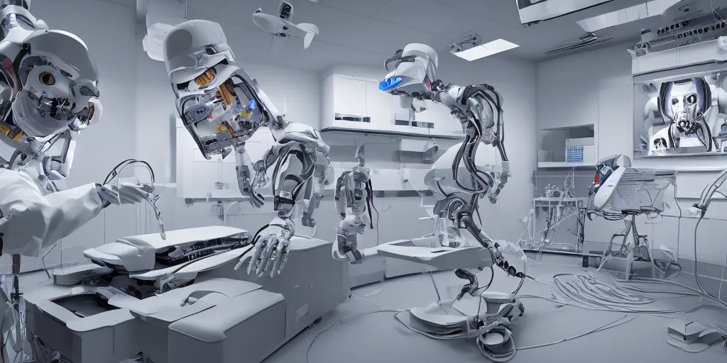 Image similar to an organ transplant in an operating room with robotic surgeons , photorealistic,by Wlop,4k resolution