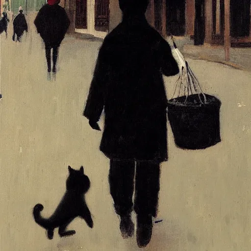 Prompt: moody painting of a black cat wandering the streets of moscow in the style of ilya repin