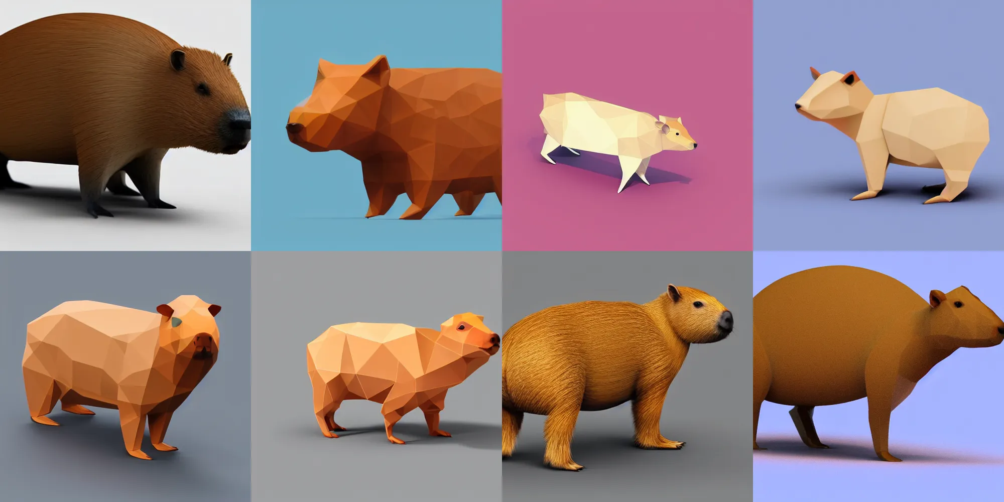 Prompt: low polygon render of a capybara on a white background, isometric 3 d, ultra hd