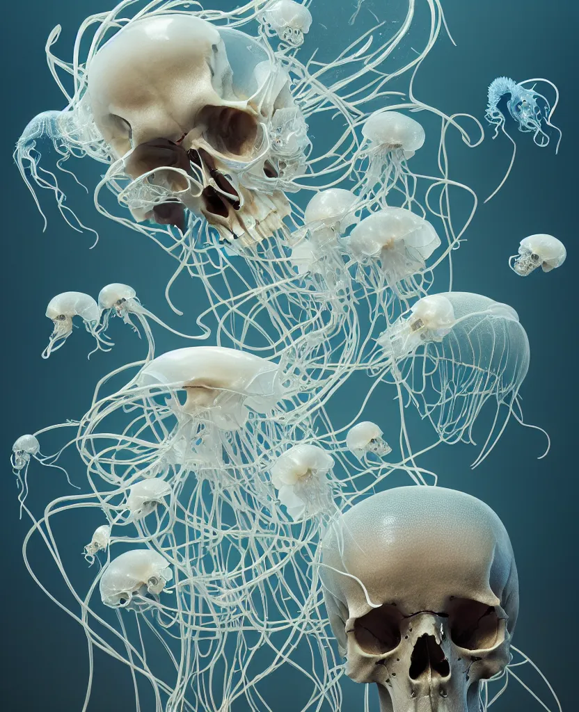 Image similar to composition of human skulls, animals skulls, bones, rib-cage. jellyfish orchids and betta fish, bioluminiscent, intricate artwork by Tooth Wu and wlop and beeple. octane render, trending on artstation, greg rutkowski very coherent symmetrical artwork. cinematic, hyper realism, high detail, octane render, 8k