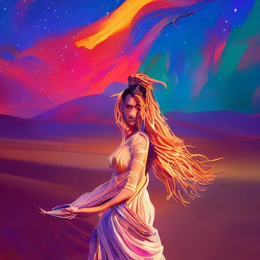 Image similar to colorful character portrait of a woman in a dark desert lit by the stars, wispy flowing hair, highly detailed face, very intricate, symmetrical, cinematic lighting, award - winning epic painting, painted by mandy jurgens, pan futurism, dystopian, bold colors, dark vibes, cyberpunk, groovy vibe, anime aesthetic, featured on artstation