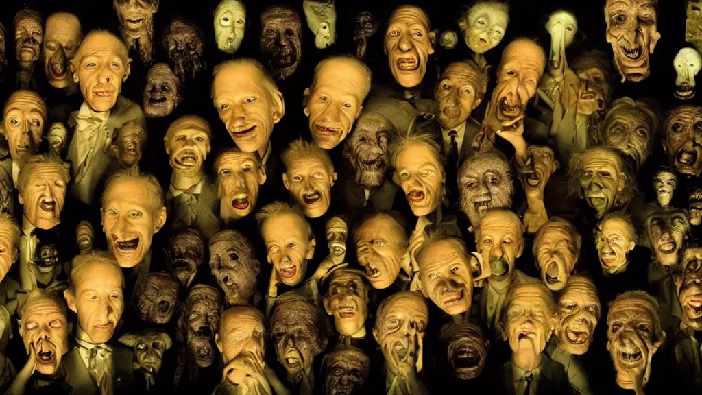 Image similar to museum of strange faces, glowing oil, film still from the movie directed by denis villeneuve and david cronenberg with art direction by salvador dali and dr. seuss