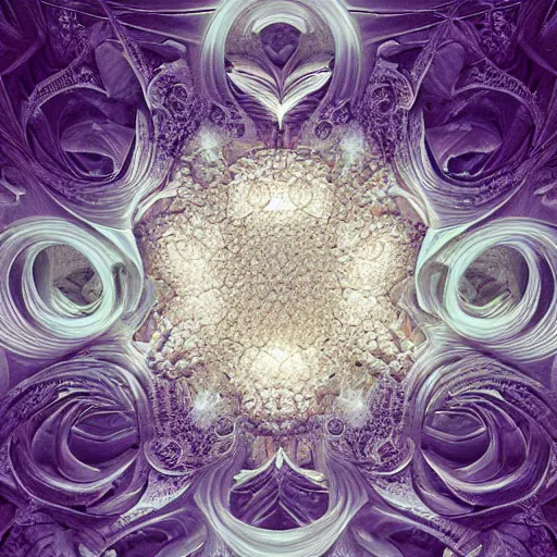 Image similar to a beautiful 3 d render of a sprawling intricate fractal cathedral populated by mandelbrot fractals by android jones, carved stone, carved soap, white color scheme, volumetric lighting, dynamic lighting, dramatic lighting, high contrast, glowing, carved marble, opalescent, sacred geometry, religious, angelic, catholicpunk, stark, trending on artstation