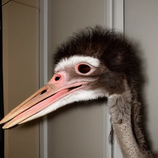 Prompt: grainy photo of an ostrich as a creepy monster in a closet, harsh flash