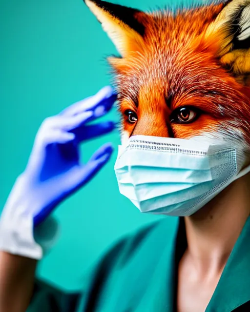 Image similar to photorealistic photo of anthropomorphic female fox animal dressed in labcoat, surgical mask covering mouth, putting on surgical gloves, fox animal, hospital in background, oil painting, 8 5 mm f / 1. 4