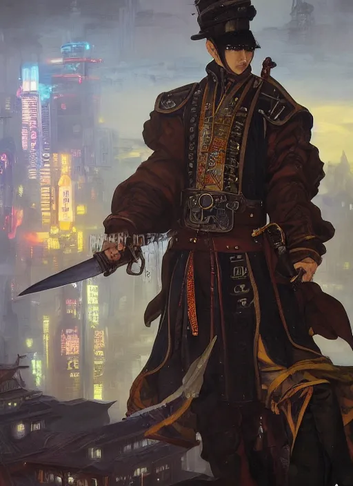 Image similar to A oil painting of a steampunk chinese swordsman with a cyberpunk city night background, 4k, trending on artstation, octane render, art by artgerm and greg rutkowski and alphonse mucha and craig mullins and James Jean and Andrei Riabovitchev and Marc Simonetti and peter mohrbacher,