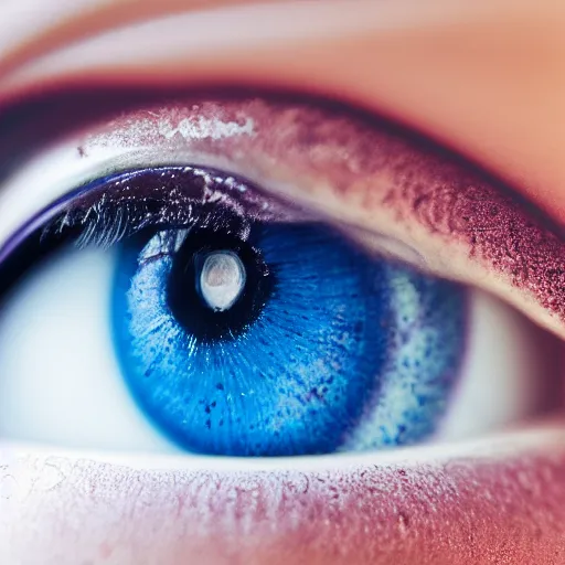 Prompt: Macro Photo of a beautiful woman's eye with a blue very detailed iris, that looks like waves and ripples