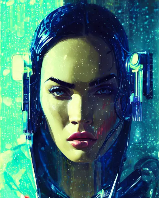 Image similar to detailed portrait megan fox neon operator girl cyberpunk futuristic neon reflective puffy coat, decorated with traditional japanese ornaments by ismail inceoglu dragan bibin hans thoma greg rutkowski alexandros pyromallis nekro rene margitte illustrated perfect face, fine details, realistic shaded, fine - face, pretty face