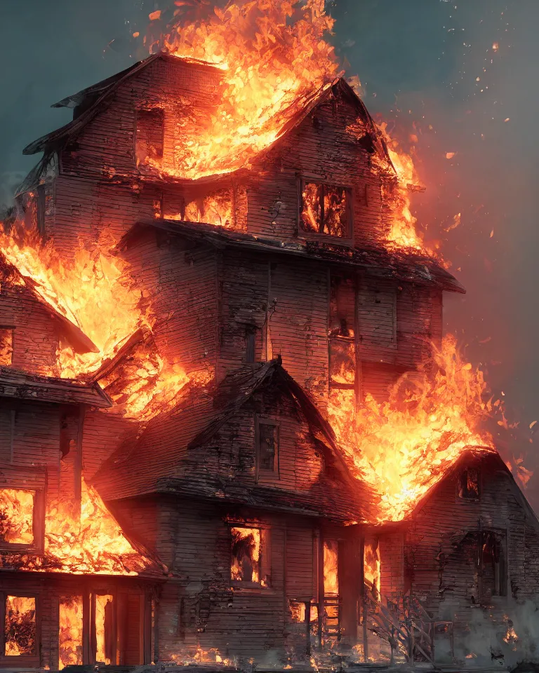 Prompt: a beautiful hyperrealistic ultradetailed 3D render of a burning house, by brian sum and stephan martiniere and pixar and Toya Ito, unreal engine, octane render, gigantic, 3D, brilliantly coloured, intricate, ultra wide angle, trending on artstation, embers, smoke, dust, dusk, volumetric lighting, HDR, polished, micro details, ray tracing, 8k
