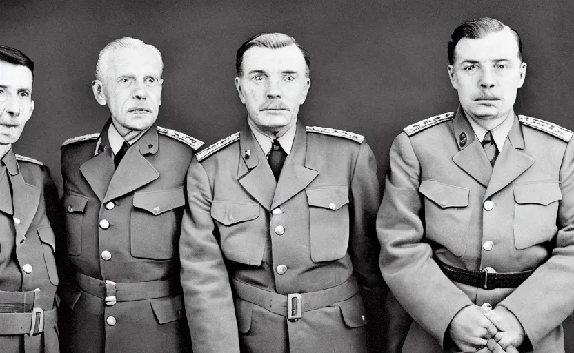 Image similar to 50s movie still close-up portrait of three individual elder soviet generals with very diverses faces in a stalinist style hall, by Irving Penn, Cinestill 800t 50mm black and white, heavy grainy picture, very detailed, high quality, 4k, HD criterion, precise texture, facial precision, diverse haircuts, diverse ages, each faces precisely define