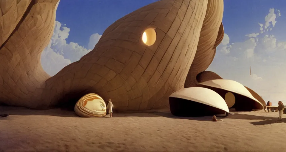 Prompt: a giant seashell house with a doorhole, cinematography by syd mead, gregory crewdson