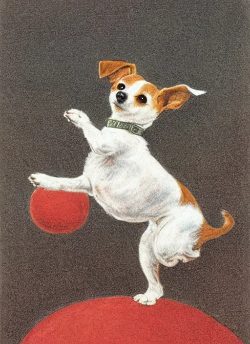 Prompt: jack russel terrier jumping from the ground over a red ball, illustrated by peggy fortnum and beatrix potter and sir john tenniel