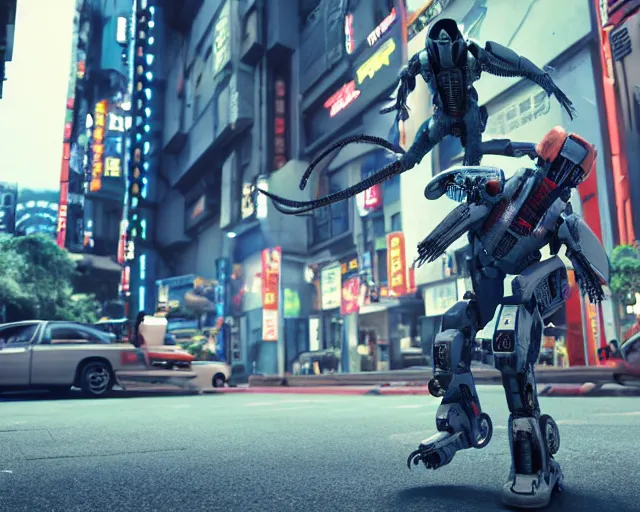 Image similar to CHAPPIE Breakdancing In The Middle of Neo Tokyo Surrounded by Xenomorph Crews In Lacoste and Street Wear, Full Figure, 8K, octane render, HDR, photorealistic, volumetric lighting, Hyperrealistic-H 960