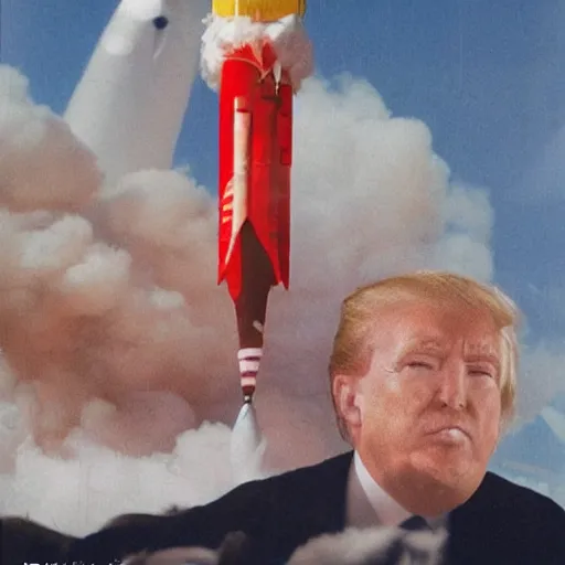 Prompt: donald trump strapped to a rocket, to space, natural light, photograph - shot, by terry richardson