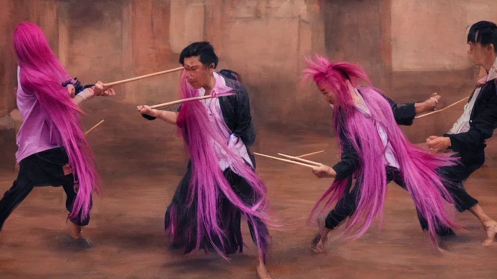 Image similar to asian person with chopsticks fighting a turkish person with pink hair, cinematic, 4 k, oil painting