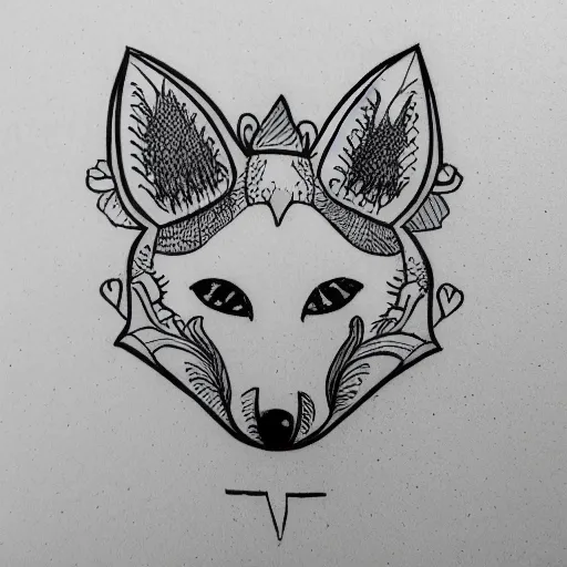 Prompt: a cute fox in the style of the Voynich manuscript outline tattoo design, black ink on white paper