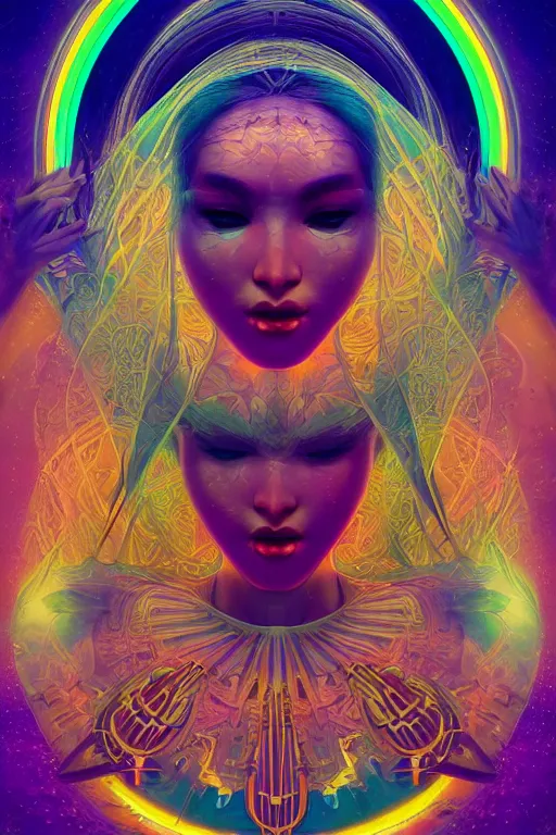 Image similar to beautiful goddess of space and dreams, psychedelic, mandala, coherent design, symmetrical, face by artgerm, trending on artstation, vivid color, complementary color, golden ratio, detailed, sharp lines, sharp focus, intricate, rainbowshift, maxfield parrish, alphonse mucha, deviantart, octane render