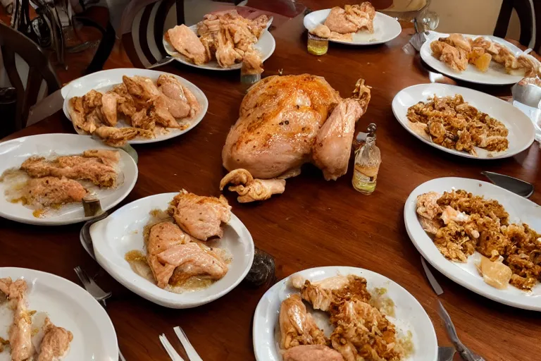 Prompt: a dinner table full of cooked chicken