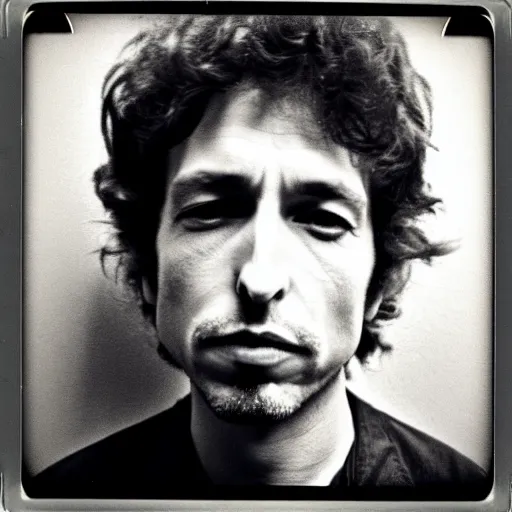 Prompt: Mugshot Portrait of Bob Dylan, taken in the 1970s, photo taken on a 1970s polaroid camera, grainy, real life, hyperrealistic, ultra realistic, realistic, highly detailed, epic, HD quality, 8k resolution, body and headshot, film still, front facing, front view, headshot and bodyshot, detailed face, very detailed face