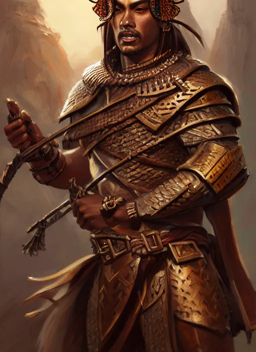 Prompt: smart tai warlord, closeup portrait, smooth - faced, historical hero, ethnic group, tai costume, bronze headdress, intricate, with leather armor cross on bare chest, elegant, loin cloth, highly detailed, oil painting, artstation, concept art, matte, sharp focus, illustration, hearthstone, art by earl norem
