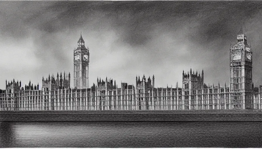 Image similar to Palace of Westminster, illustrated by Bob Ross, very detailed