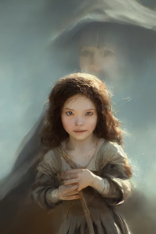 Image similar to medieval little girl, joyful, close-up portrait, intricate, elegant, volumetric lighting, scenery, digital painting, highly detailed, artstation, sharp focus, illustration, concept art, ruan jia, steve mccurry