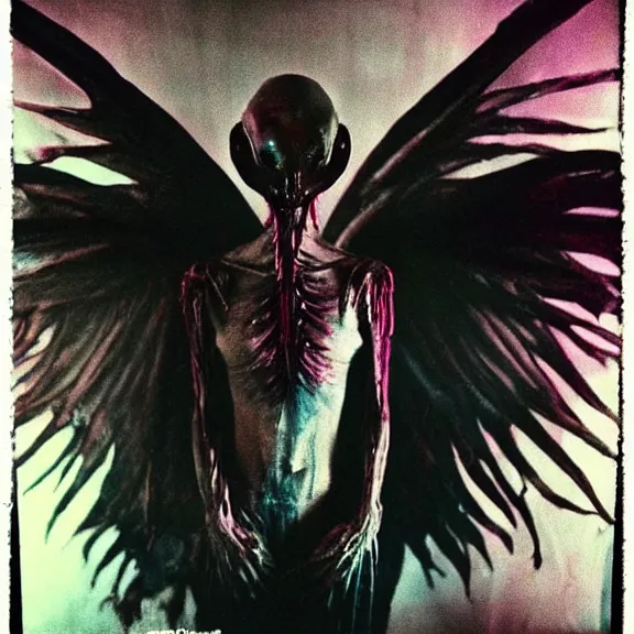 Image similar to a dark artistic photo of an alien creature with crazy wings, big budget horror, a polaroid photo, bleeding decaying colors!