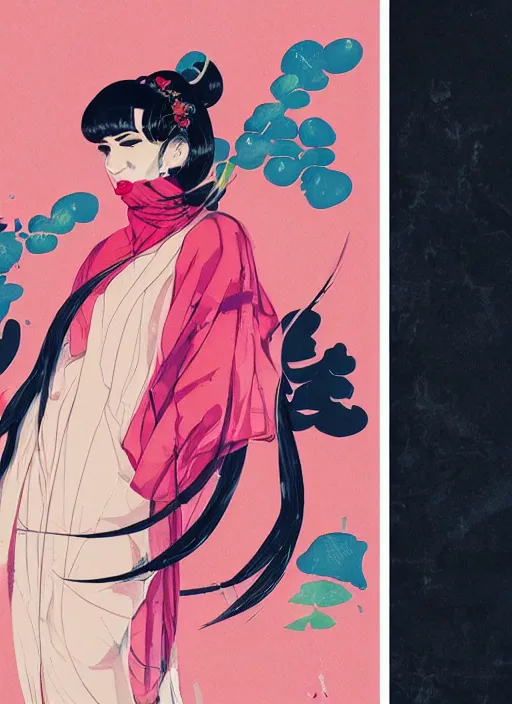 Image similar to character design, a fashion girl in kimono, concert poster retro, conrad roset, greg rutkowski, flume cover art