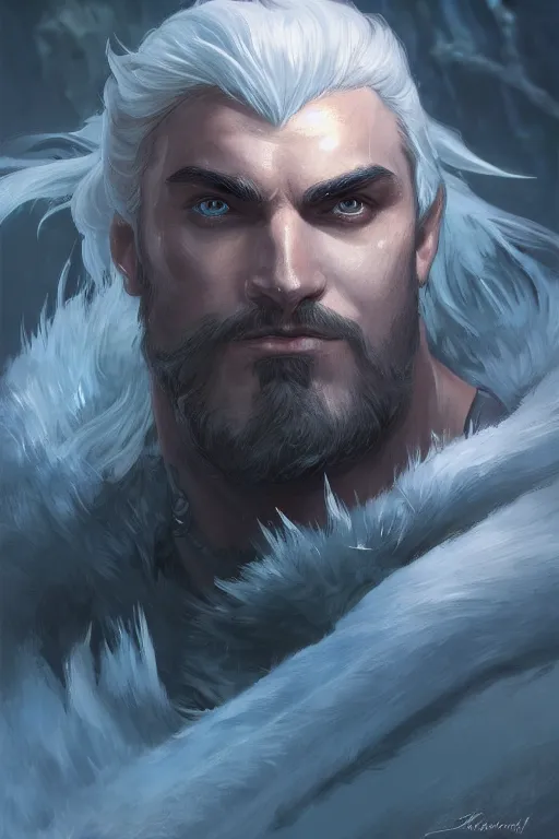 Image similar to portrait of tryndamere from league of legends, photorealistic icy tundra, full body, powerful, fantasy, intricate, elegant, highly detailed, digital painting, artstation, concept art, sharp focus, illustration, art by artgerm and greg rutkowski and alphonse mucha