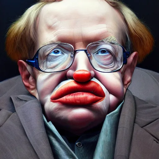 Prompt: UHD hyperrealism painting of closeup of Stephen Hawking wearing clown makeup, by Antonio Caparo and Ferdinand Knab and Greg Rutkowski, UHD, photorealistic, trending on artstation, trending on deviantart, correct face, real clown makeup