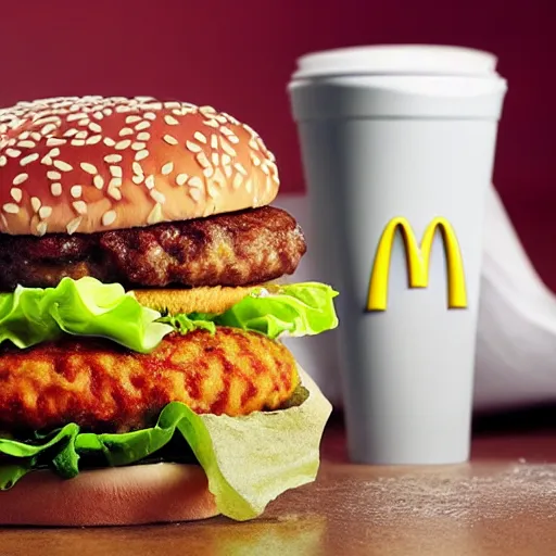 Prompt: The new item on the McDonalds menu, the WET BURGER. It's a burger that's also wet. Promotional food photo