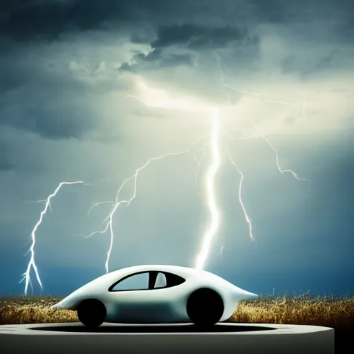 Image similar to futuristic flying car in surrounded by a circle made of lightning, in the sky, thunderstorm at night, 28mm dramatic photo