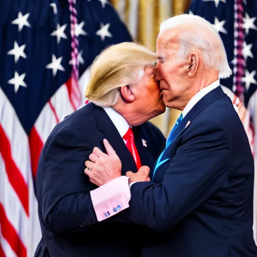 Image similar to Donald trump in a pink tutu, kissing Joe Biden, hyper realistic, 4k, 8k, White House, kissing