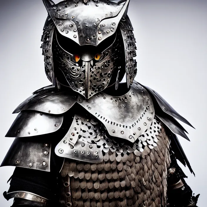 Image similar to portrait photograph of a real-life warrior with metal owl armour. Extremely detailed. 8k