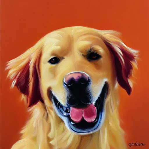 Prompt: oil painting of a golden retriever sticking its tongue out, light orange background
