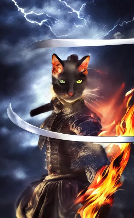 Prompt: house cat samurai epic, anime opening, dramatic opening, fire, lightning, full body portrait, realistic