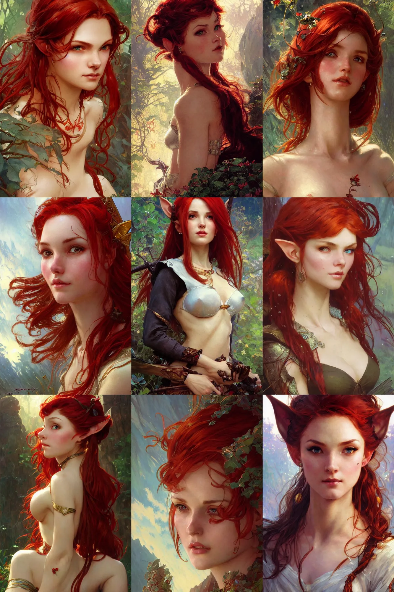 Prompt: alluring closeup portrait of beautiful high-fantasy elf girl with red hair, by Stanley Artgerm Lau, greg rutkowski, thomas kindkade, alphonse mucha, loish, norman rockwell J.
