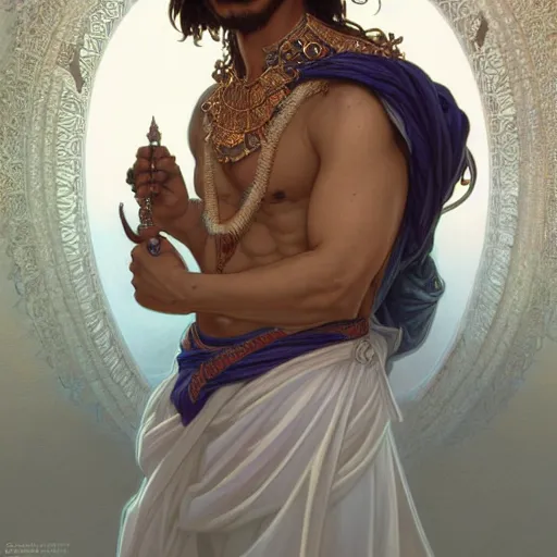 Image similar to beautiful and majestic Peruvian male god wearing a white perizoma, intricate, elegant, highly detailed, digital painting, artstation, concept art, smooth art, sharp focus, illustration, art by artgerm and greg rutkowski and alphonse mucha and loish and WLOP