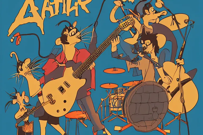 Image similar to rats playing in a rock band inspired by the beatles, art style by disney, studio ghibli, pixar, intricated, beautiful, dreamlike, 7 0 s pallete, high quality, trending on artstation