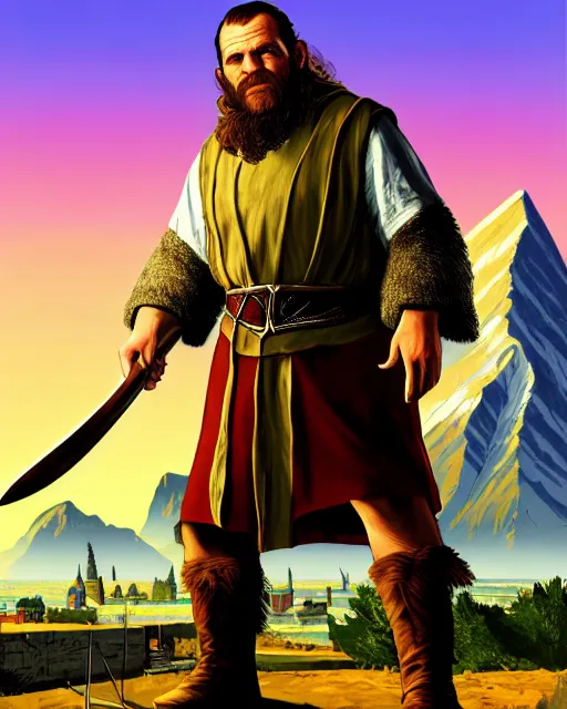 Prompt: Gimli from Lord of the rings in GTA V, Cover art by Stephen Bliss, boxart, loading screen, 8K resolution