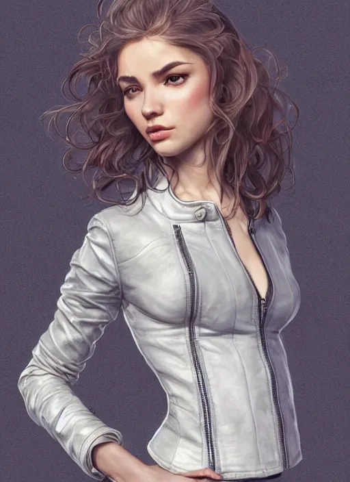 Prompt: girl in very short white! top and very short gray! leather jacket, open belly, long dark curly hair, glasses at the top of head, high waist sweatpants, intricate, elegant, highly detailed, digital painting, artstation, concept art, smooth, illustration, art by artgerm and greg rutkowski and alphonse mucha