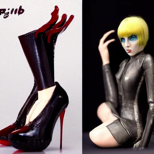 Image similar to gorgeous pris gynoid from blade runner posing flirty louboutins, photorealistic, highly detailed,