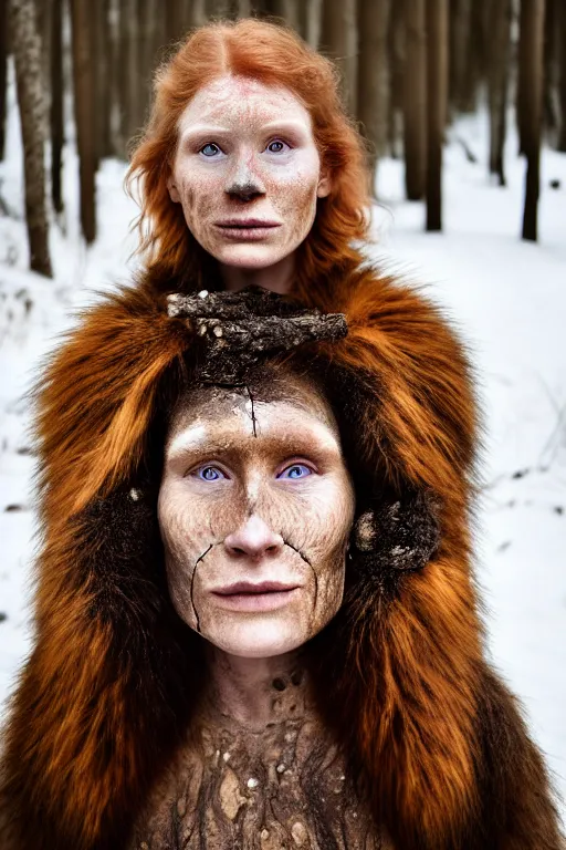 Image similar to a professional portrait photo of a gentle strong neanderthal woman in the forest in winter holding a spear, freckles and mud on face, black stripe painted side to side across her eyes, ginger hair and fur, extremely high fidelity, natural lighting,