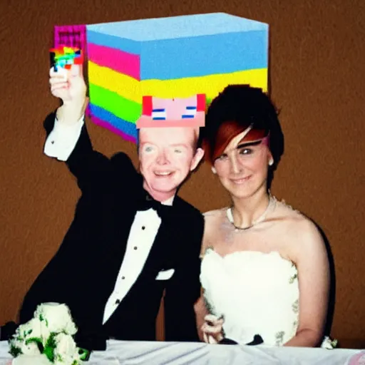 Image similar to rick astley and nyan cat getting married